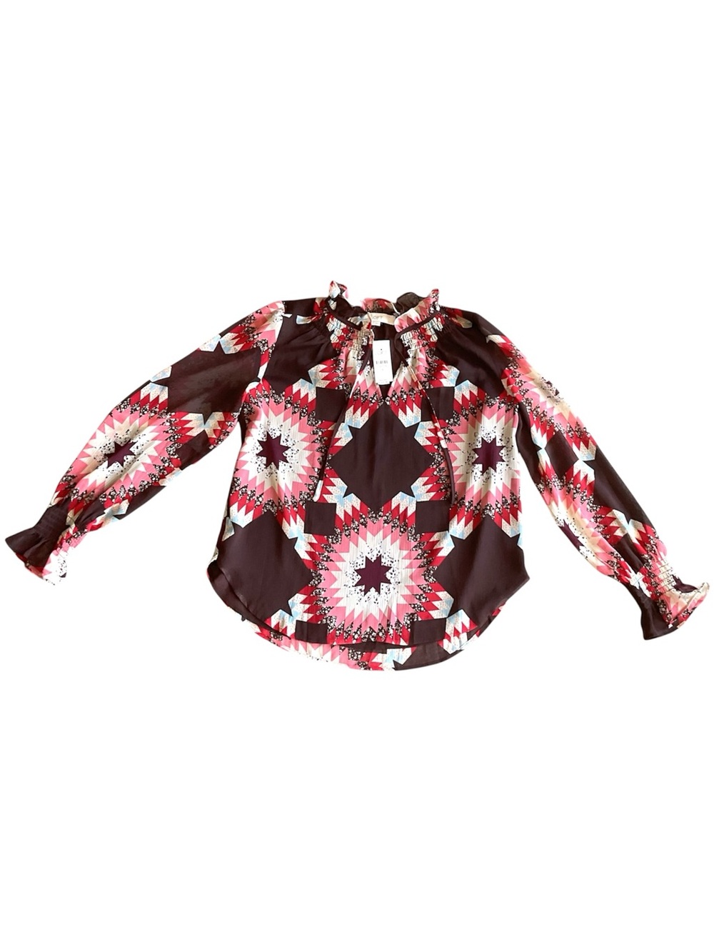 LOFT Boho Smocked Ruffle Tie-Neck Blouse Size S